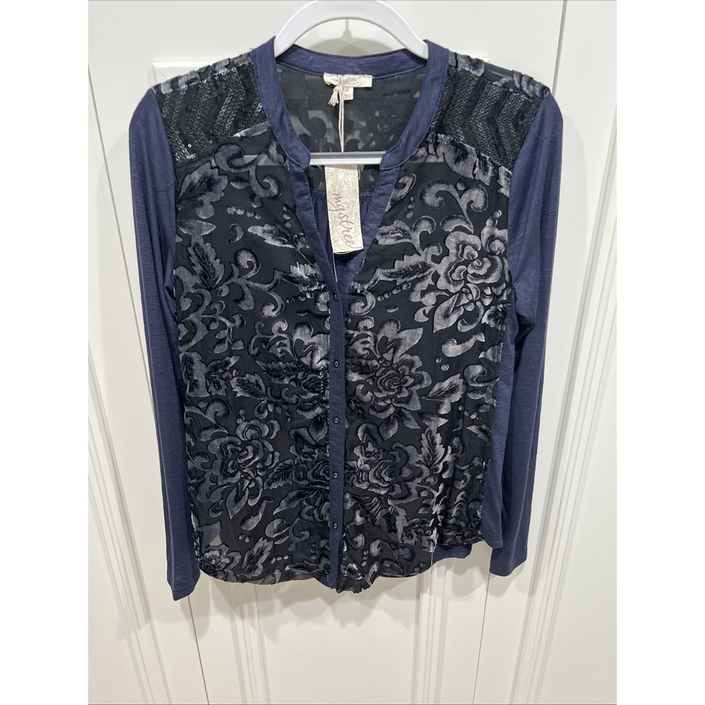 Mystree Navy Velvet Floral Burnout Button Up Shirt Dark Romantic Boho Whimsigoth